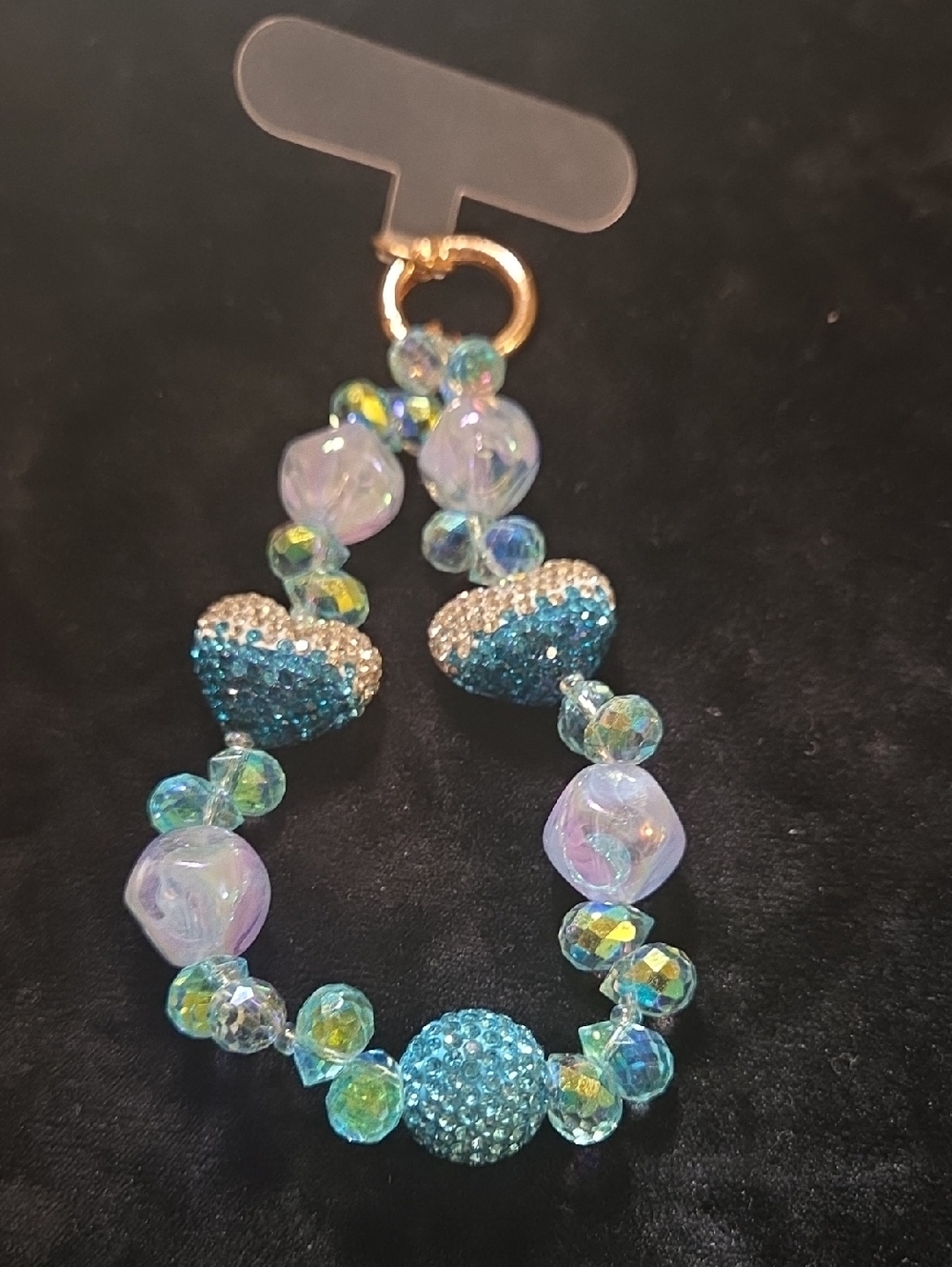 Aqua Crystal & Iridescent Beaded Phone Bracelet with Gold Ring